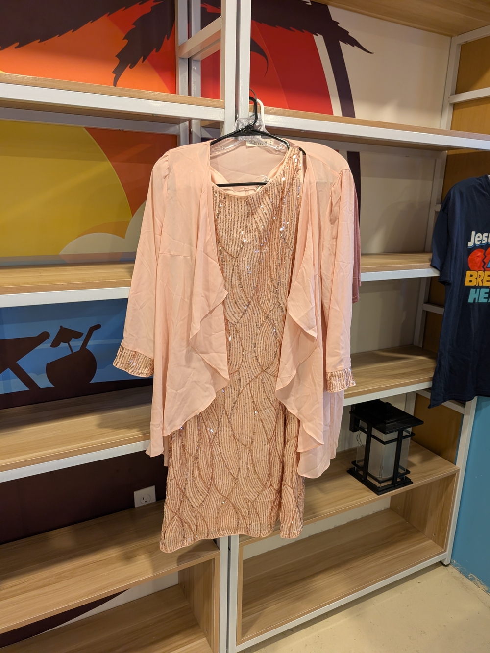 Grace Karin Peach Sequin Dress with Sheer Draped Coverup